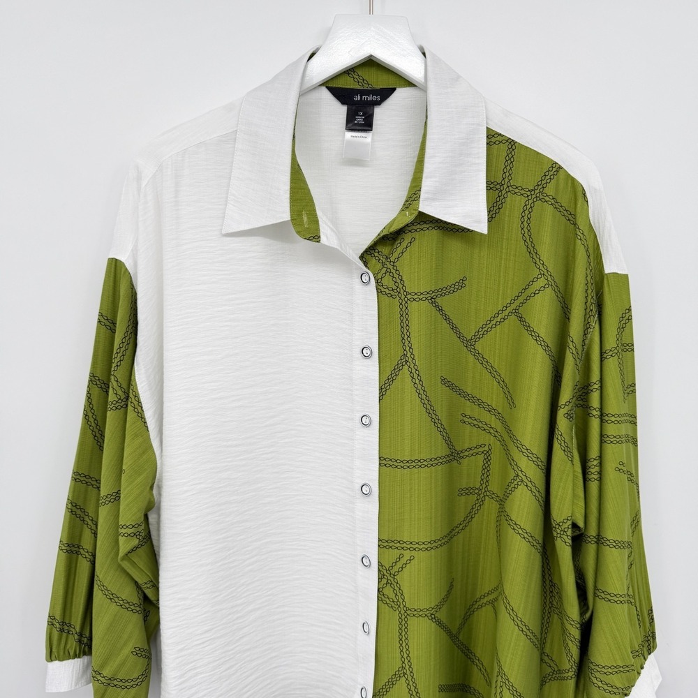 Ali Miles Top Shirt Blouse Size 1X Hi Low 3/4 Sleeves Color Block Abstract Artsy - Picture 3 of 15